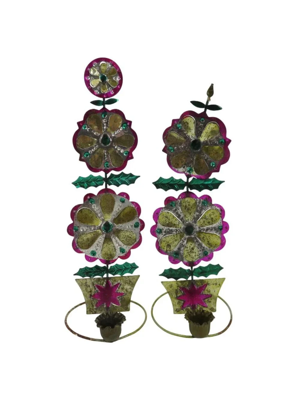 VTG Punch Tin Folk Art Pair 2 Candle Holders Pink Yellow Green Retro Christmas